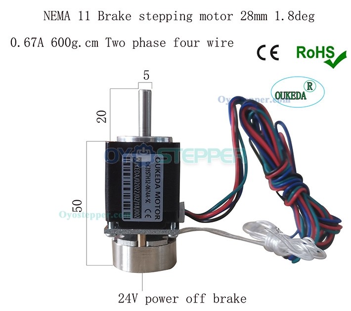 NEMA11 Stepper Motor with Brake 1.8 Deg 5.88Ncm 3.75V 0.67A 28 x 28mm 2 Phase D-Cut